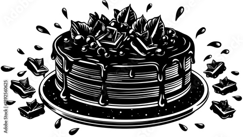 Very beautiful close-up of a rich chocolate cake with glossy chocolate pieces splashing onto the plate, capturing motion, texture, and indulgent dessert intensity in dramatic food photography.