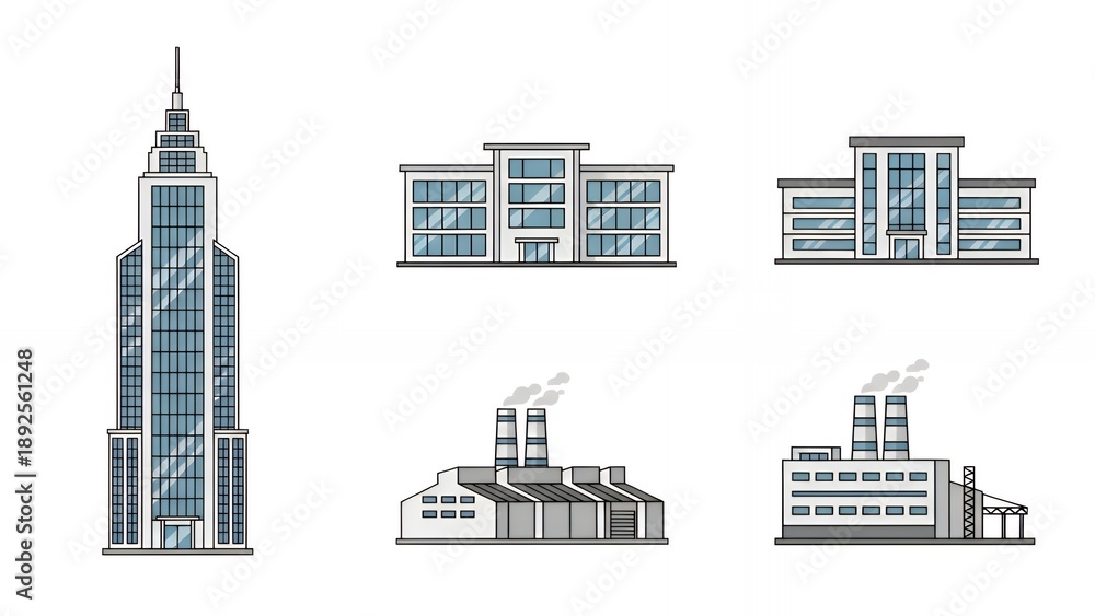Fototapeta premium Set of vector illustrations of various industrial and office buildings