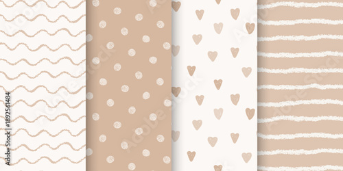 Neutral cute seamless patterns set. Wavy lines, polka dots, hearts, stripes. Hand drawn chalk crayon texture, warm pastel color. Great for nursery decor, wrapping paper textile, packaging, baby design