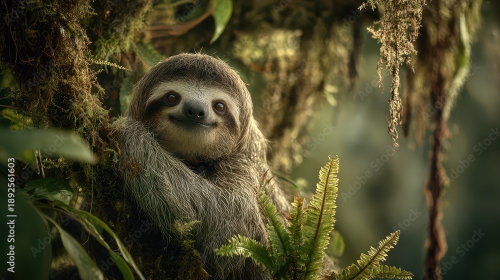 Obraz premium Sloth perched on a mossy branch in a Panamanian rainforest