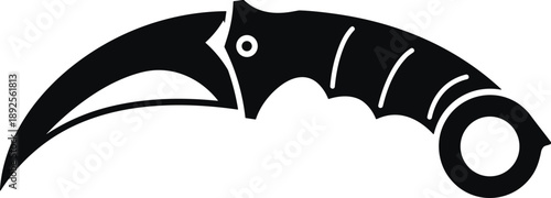 Black silhouette of a tactical karambit knife with curved blade and finger ring handle isolated on white background vector illustration