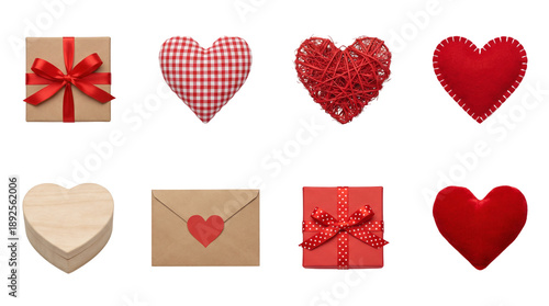 Valentine's day heart and gift set including red fabric, wicker, wooden box, and kraft envelope isolated. Romantic celebration and anniversary collection.