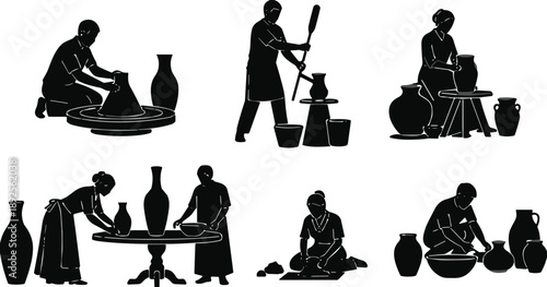 Set of professional pottery silhouettes featuring ceramic artists working with clay wheels vases and handmade jars isolated on white background