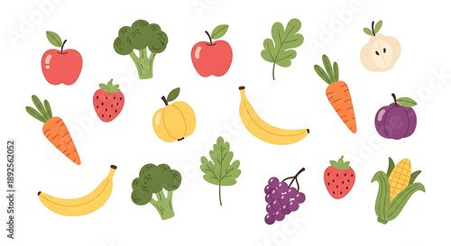 Set of colorful organic icons including berries greens and peppers
