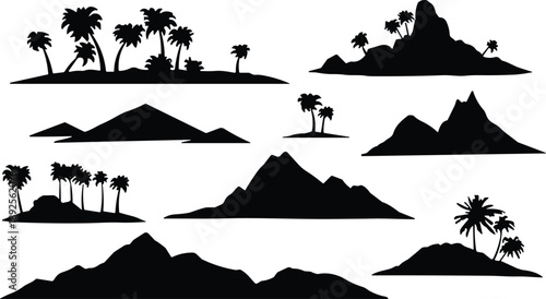 Set of tropical island silhouettes featuring palm trees mountains and hills isolated on white background for travel and exotic landscape design