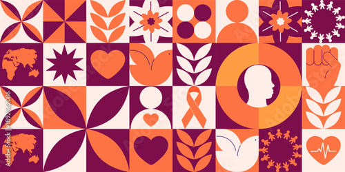 World Cancer Day 2026 geometric pattern with medical icons and symbols