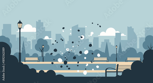 City Park Scene with Falling Leaves and Urban Backdrop.