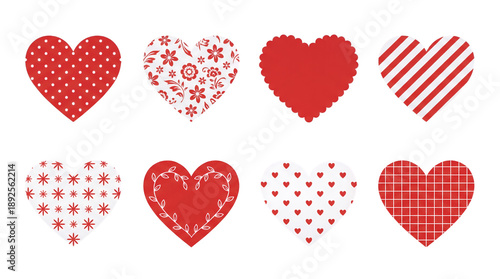 Red heart set including polka dots, floral patterns, stripes, lace edges, and grid textures isolated. Valentine day and romantic design elements collection.