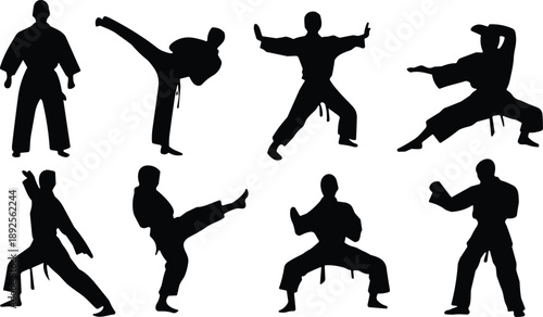 Set of martial arts silhouettes featuring karate fighters in various combat poses including high kicks blocks and traditional kata stances vector