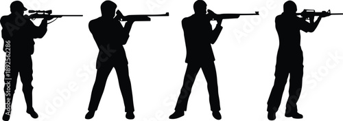 Set of male shooter silhouettes in aiming poses with various rifles including sniper rifles and assault weapons isolated on white
