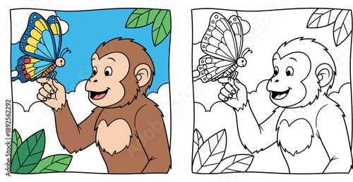 Cute cartoon monkey holding beautiful butterfly on finger. Happy ape character looking at insect in nature vector illustration. Adorable animal friend concept for kids.