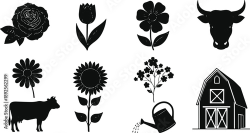 Set of farm and garden icons featuring rose tulip sunflower daisy bull head cow barn and watering can vector silhouettes