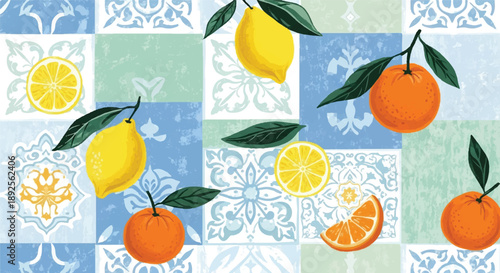 Mediterranean Citrus Fruit Seamless Pattern with Lemons and Oranges on Blue Decorative Tiles, Rustic Italian Kitchen Ceramic Tile Vector Backgroundk