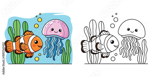 Cute cartoon clownfish and jellyfish swimming underwater. Vector illustration of happy sea animals with bubbles and seaweed. Adorable ocean friends for kids education and nursery art.