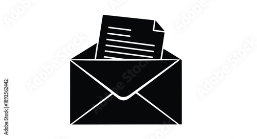 A black and white illustration of an open envelope with a letter inside