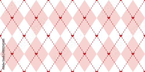 Heart argyle pink and red valentines retro plaid print background, seamless repeat pattern