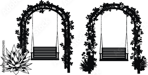 Two elegant garden swing silhouettes with floral arches and decorative plants isolated on white background for landscape and patio design