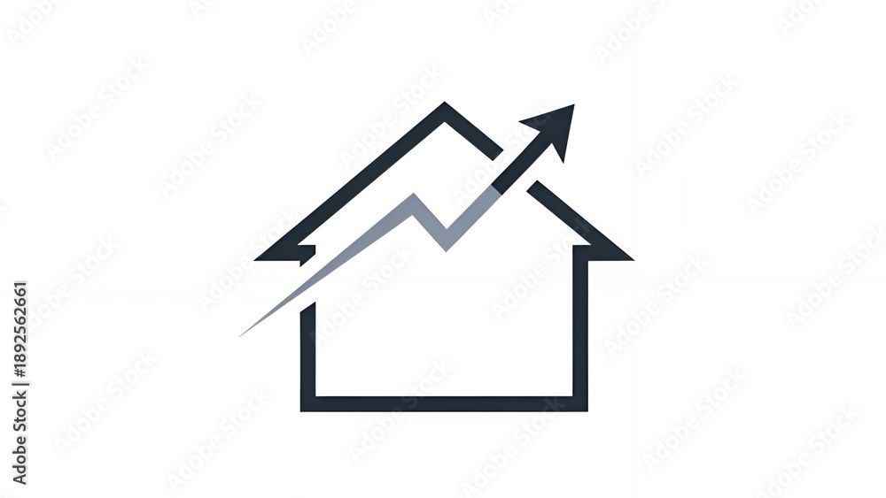 Fototapeta premium Minimalist house icon with upward financial growth arrow