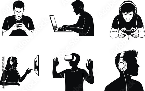 Set of young people using technology icons featuring men and women with smartphones laptops gaming consoles virtual reality headsets and headphones