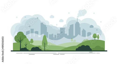 Cityscape with pollution and green landscape illustration.