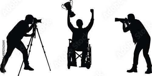 Silhouette of disabled athlete in wheelchair holding trophy cup with photographers taking pictures, success and victory concept, isolated on white