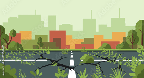 Cracked Road in Urban Landscape Earthquake Damage and Natural Overgrowth.