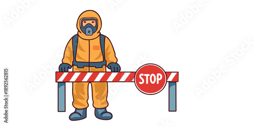 chemical safety worker in full PPE behind traffic stop gate illustration