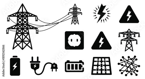 Electrical power symbols and icons representing energy and high voltage