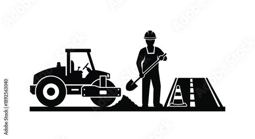 Construction scene featuring a road roller worker and road repair elements