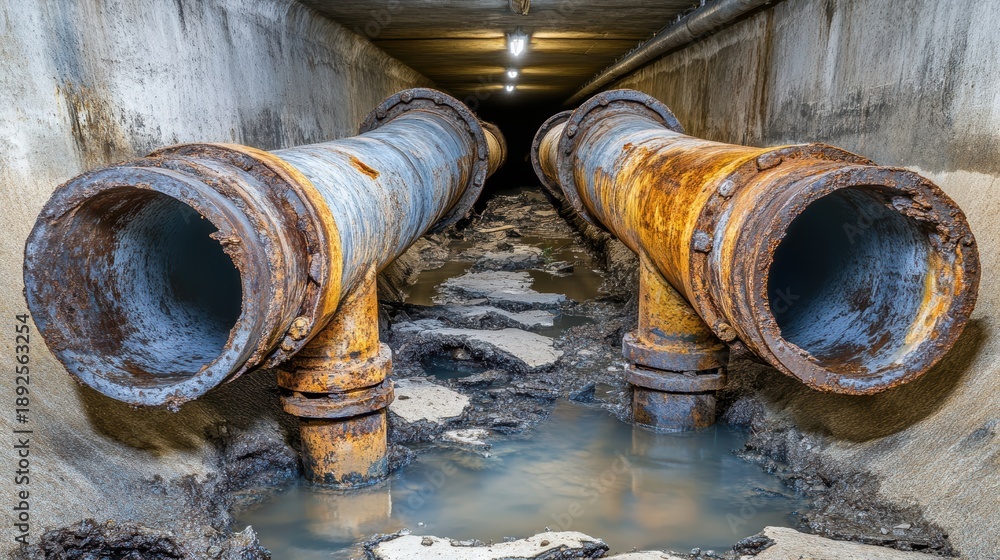Fototapeta premium Large industrial metal pipes with significant rust and some fractures leaking murky water within a dimly lit underground tunnel