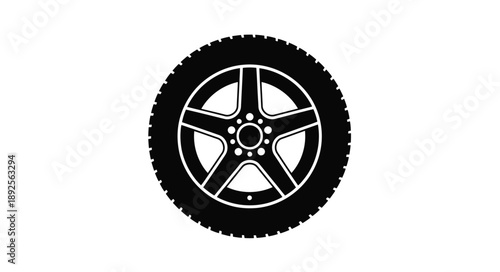 Black and white illustration of a car tire with a five spoke wheel