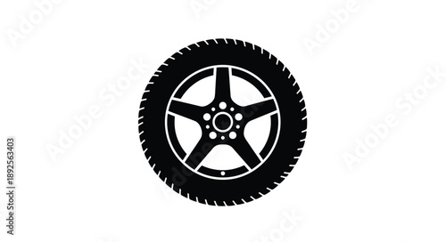 Simple black and white illustration of a car tire with a five spoke wheel