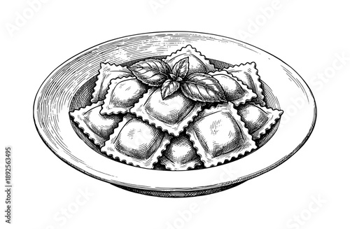 Hand drawn Italian ravioli pasta with basil leaves on plate. Vector vintage engraving sketch of food dish isolated on white background.