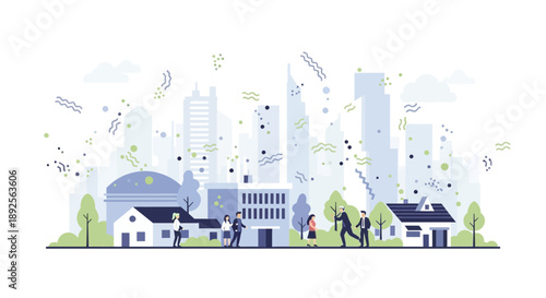 Modern Cityscape Illustration with People and Buildings.