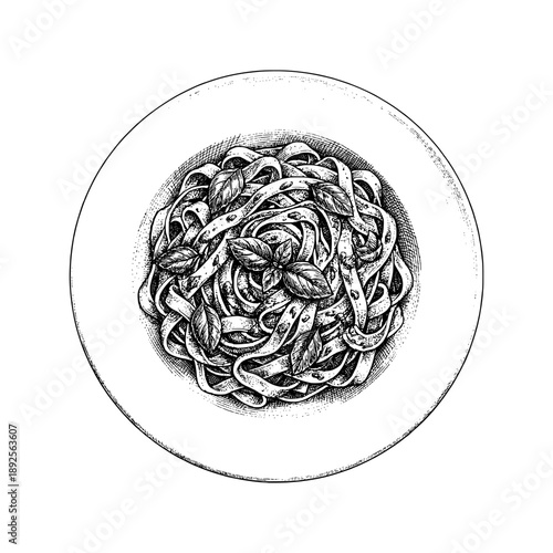 Hand drawn Tagliatelle pasta plate with basil leaves. Vector vintage engraving sketch of Italian food dish isolated on white background.