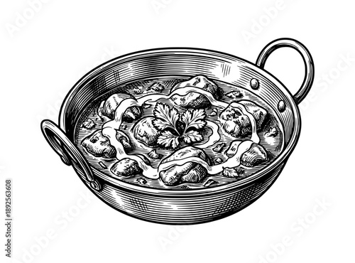 Hand drawn Butter Chicken or Murgh Makhani in karahi. Vector vintage engraving sketch of traditional Indian curry dish isolated on white background.