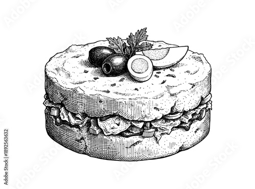 Hand drawn Causa Rellena. Vector vintage engraving sketch of traditional Peruvian layered potato dish with egg and olives isolated on white background.