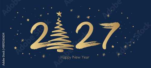 Happy New Year 2027 Greeting Card with Golden Brush Strokes	
