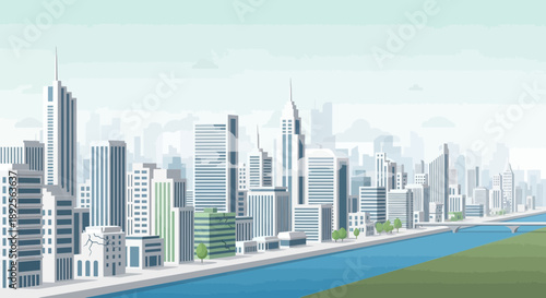 Modern Cityscape Illustration with Riverfront View and Architectural Design.