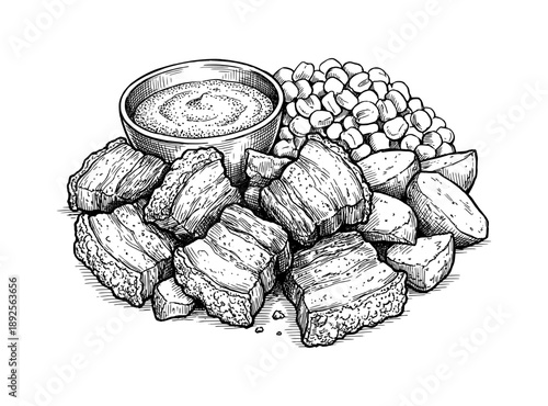 Hand drawn Chicharron Peruano. Vector vintage engraving sketch of fried pork belly with corn mote and sauce isolated on white background.