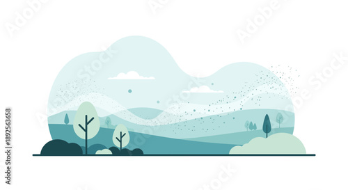 Minimalist Winter Landscape Illustration with Snowfall and Trees.