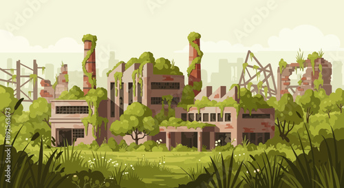 Overgrown Abandoned Factory Nature Reclaiming Industrial Ruins.