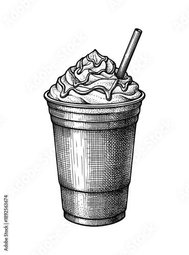 Hand drawn Frappuccino coffee. Vector vintage engraving sketch of cold drink in plastic cup with whipped cream and straw isolated on white background.
