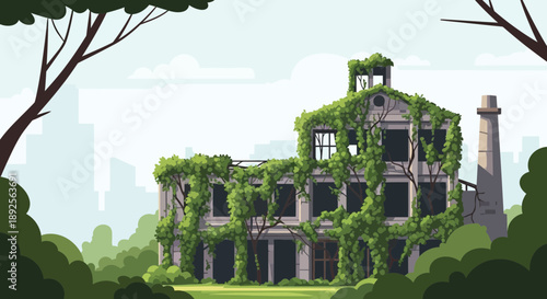 Overgrown Abandoned Building with Vines and Chimney in a Forest Setting.