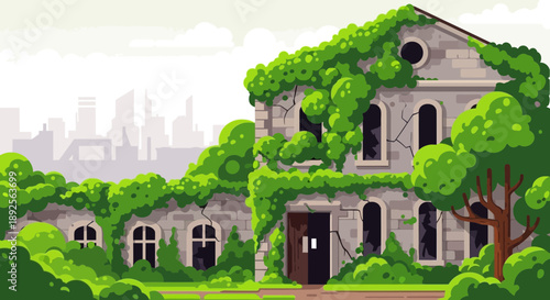 Overgrown Abandoned House Covered in Green Vines and Foliage.