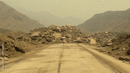 Massive landslide blocks mountain pass road with huge rocks and debris a natural disaster event