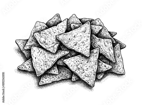 Hand drawn Nachos pile. Vector vintage engraving sketch of crispy corn tortilla chips heap isolated on white background.