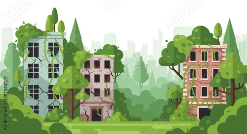 Overgrown Buildings in Nature A PostHuman Landscape Illustration.