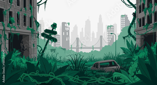 Overgrown Car in PostApocalyptic Cityscape with Lush Vegetation.