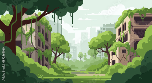 Overgrown City Ruins Nature Reclaiming Urban Landscape.